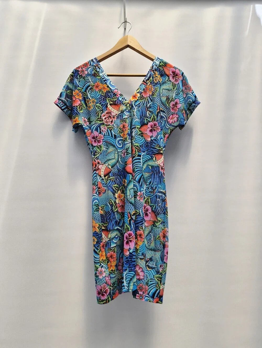 Luli Fama Inked Babe Mesh V Neck Bodycon Dress Swim Cover Up Multicolor Size Med